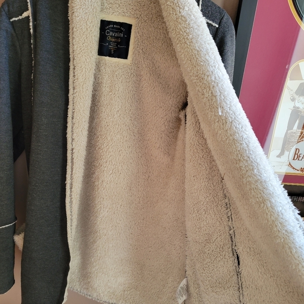 Cavalini Sherpa Jacket Small Open Front Pockets Lightweight Dark Grey Cardigan - Picture 12 of 12